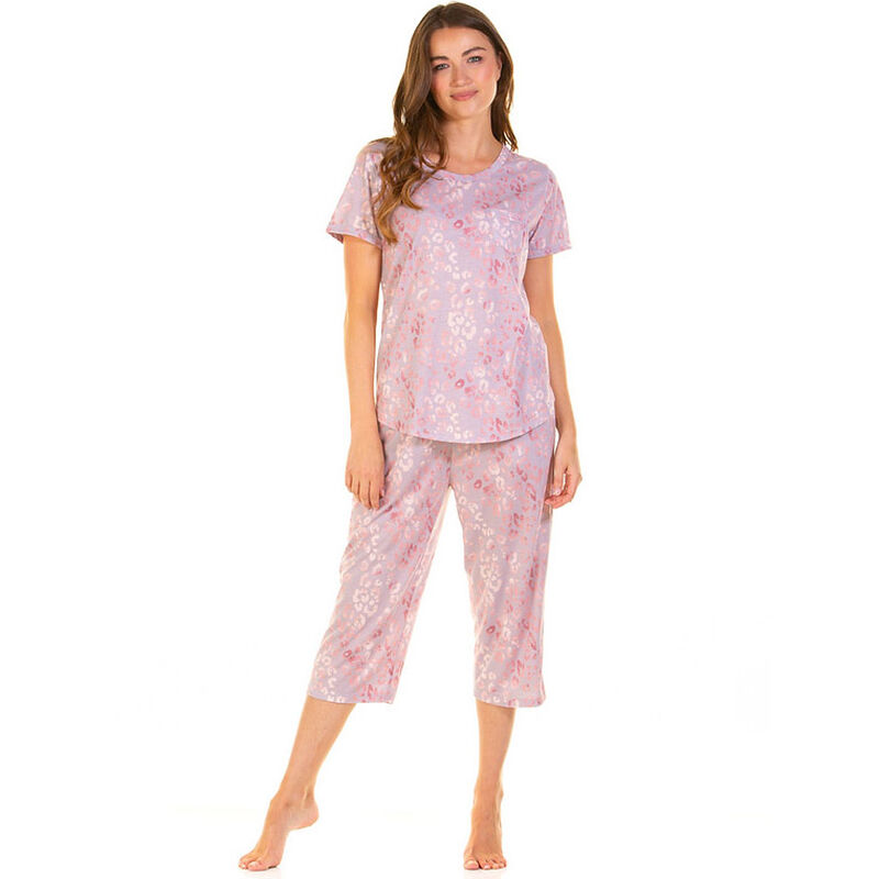 Wysteria Lane Rose Leopard Crew Neck Short Sleeve Cropped Pyjama Set image number 0